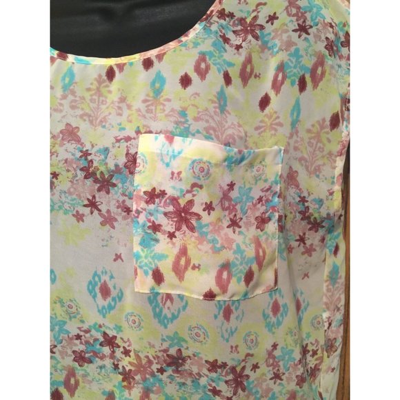 Decree Blouse Womens Size S Sleeveless Yellow Floral Multi Sheer Top Longer Back - Picture 5 of 9